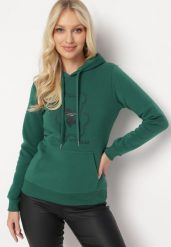Zielona Klasyczna Bluza z Polarem i Kapturem Wkładana Przez Głowę i Ozdobiona Nadrukiem Lettora. Zielone bluzy damskie Born2be, xl, bez wzorów, z polaru, casualowe, bez ramiączek, z kapturem. Za 44.99 zł.