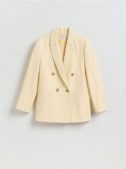 Marynarka z lyocellem - jasnożółty. Żółte marynarki i żakiety damskie Reserved, bez wzorów, z lyocellu, bez kołnierzyka, bez ramiączek. Za 299.99 zł.