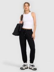 4F Spodnie dresowe joggery damskie - czarne L. Czarne spodnie dresowe damskie 4F, bez wzorów, z dresówki, sportowe, z podwyższonym stanem, długie. Za 129.99 zł.