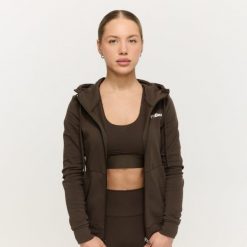 Bluza damska fitness z kapturem i zamkiem espresso Limitless. Brązowe bluzy damskie GYMBEAM, s, bez wzorów, z bawełny, sportowe, bez ramiączek, z kapturem. Za 127.90 zł.
