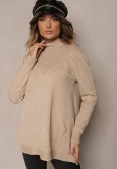 Jasnobeżowy Sweter Półgolf z Bawełną i Kieszenią z Przodu Emittes. Brązowe swetry nierozpinane damskie Renee, l, bez wzorów, z bawełny, eleganckie, bez kołnierzyka, bez ramiączek. Za 84.99 zł.
