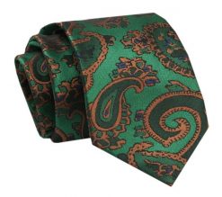 Krawat - ALTIES - Brązowe, Duże Paisley, Tło Zielone. Zielone krawaty i muchy Alties, bez wzorów, z tkaniny, eleganckie. Za 49.00 zł.