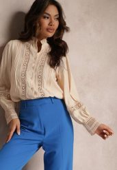 Jasnobeżowa Koszula ze Stójką i Koronką Phaeninca. Brązowe koszule damskie Renee, l, bez wzorów, z koronki, eleganckie, bez kołnierzyka, bez ramiączek. Za 79.99 zł.