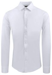 Męska Koszula z Dzianinowej Tkaniny - Krój Taliowany - Biała. Białe koszule męskie Pazzani, m, bez wzorów, z bawełny, eleganckie, bez kołnierzyka, bez ramiączek. Za 199.00 zł.