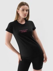 4F T-shirt slim z nadrukiem damski - czarny S. Czarne t-shirty damskie 4F, s, bez wzorów, z dzianiny, klasyczne, bez kołnierzyka, bez ramiączek. Za 69.99 zł.