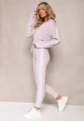 Jasnofioletowy 2-Częściowy Komplet Dresowy z Weluru z Ozdobnymi Lampasami Bluza i Spodnie Anelpe. Fioletowe bluzy damskie Renee, m, bez wzorów, z dresówki, eleganckie, bez ramiączek, bez kaptura. Za 69.99 zł.