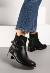 Czarne Botki na Słupku z Klamrą i Paskiem Epatina. Czarne botki damskie Renee, bez wzorów, z jeansu, eleganckie, bez obcasa, na obcasie, bez zapięcia. Za 149.99 zł.