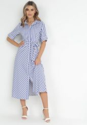 Niebieska Koszulowa Sukienka z Wiskozy w Paski Wiązana w Talii Nevia. Niebieskie sukienki damskie Born2be, na spotkanie biznesowe, s, bez wzorów, z wiskozy, eleganckie, bez kołnierzyka, bez ramiączek, maxi, koszulowe. Za 139.99 zł.