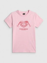 4F T-shirt regular z nadrukiem damski - różowy XS. Czerwone t-shirty damskie 4F, xs, bez wzorów, z bawełny, klasyczne, bez kołnierzyka, bez ramiączek. Za 59.99 zł.