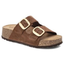 Klapki damskie Yokono, cholewka ze skóry naturalnej zamszowej z dwoma szerokimi paskami z regulacją na metalowe klamry, brązowe, Wiwi-003. Brązowe klapki damskie Yokono, bez wzorów, ze skóry, bez obcasa, bez zapięcia. Za 239.00 zł.