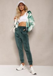 Ciemnozielony Welurowy Komplet Dresowy z Wzorzystą Bluzą z Kapturem i Joggerami Rouviana. Zielone bluzy damskie Renee, m, bez wzorów, z dresówki, bez ramiączek, z kapturem. Za 69.99 zł.