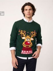 Sweter świąteczny z motywem renifera - zielony. Zielone swetry męskie Sinsay, l, bez wzorów, wizytowe, bez kołnierzyka, bez ramiączek. Za 89.99 zł.