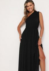 Czarna Plisowana Sukienka o Asymetrycznym Fasonie z Gumką w Talii Naeana. Czarne sukienki damskie Born2be, na imprezę, bez wzorów, eleganckie, z asymetrycznym kołnierzem, bez ramiączek, maxi, asymetryczne. Za 129.99 zł.