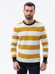 Sweter męski w paski - musztardowy V2 E189 - XXL. Swetry męskie Ombre Clothing, m, bez wzorów, z bawełny, klasyczne, bez kołnierzyka, bez ramiączek. W wyprzedaży za 39.99 zł.