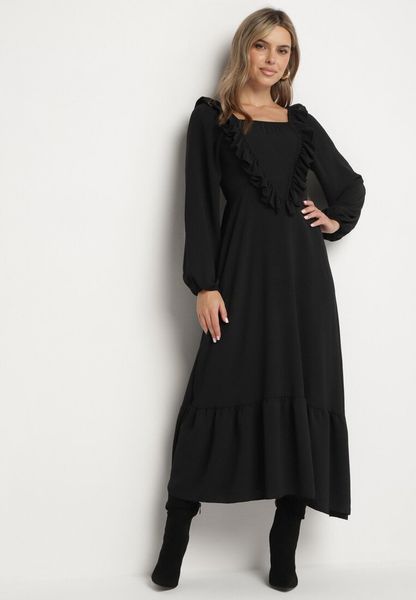 Czarna Sukienka Długa Rozkloszowana z Ozdobnymi Falbankami Ferellia. Czarne sukienki damskie Born2be, bez wzorów, z jeansu, bez kołnierzyka, bez ramiączek, maxi, rozkloszowane. Za 44.99 zł.