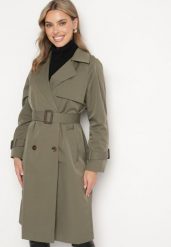 Zielony Płaszcz w Stylu Trencza Ozdobiony Paskiem z Klamrą Ninellira. Zielone płaszcze damskie Born2be, l, bez wzorów, z jeansu, eleganckie, bez kołnierzyka, bez kaptura. Za 229.99 zł.