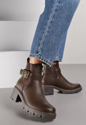 Brązowe Botki Sztyblety do Kostki na Niskim Słupku Zdobione Paskiem z Klamerką Larteme. Brązowe botki damskie Born2be, z aplikacjami, z jeansu, bez obcasa, na obcasie, bez zapięcia. Za 109.99 zł.