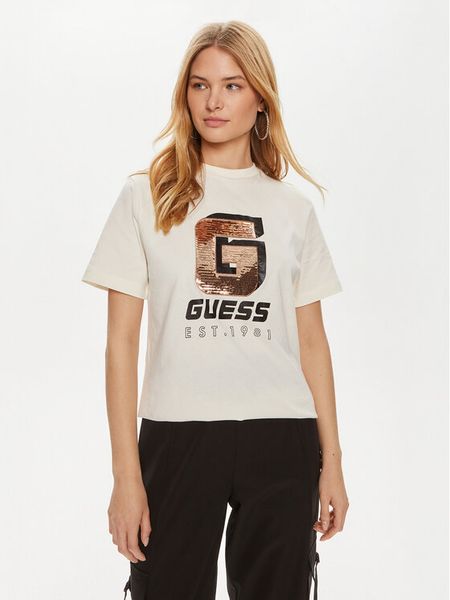 Guess T-Shirt Ines V4YI07 I3Z14 Écru Regular Fit. T-shirty damskie Guess, xxs, z aplikacjami, z bawełny, bez kołnierzyka, bez ramiączek. Za 99.99 zł.