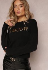 Czarny Sweter z Naszywkami z Napisem Amour Mavilla. Czarne swetry nierozpinane damskie Renee, z aplikacjami, z dzianiny, casualowe, bez kołnierzyka, bez ramiączek. Za 84.99 zł.