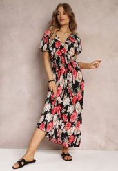 Czarno-Czerwona Kopertowa Sukienka Maxi w Kwiaty z Gumką w Talii Jazzly. Czerwone sukienki damskie Renee, l, bez wzorów, bez kołnierzyka, bez ramiączek, maxi, kopertowe. Za 49.99 zł.