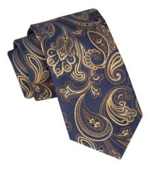 Męski Krawat - Alties - Granatowe Tło ze Złotym Wzorem. Niebieskie krawaty i muchy Alties, bez wzorów, z tkaniny, eleganckie. Za 49.00 zł.