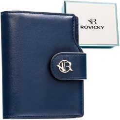Granatowy portfel damski ze skóry ekologicznej zamykany na zatrzask i suwak - Rovicky. Niebieskie portfele damskie ROVICKY, ze skóry ekologicznej. Za 89.99 zł.