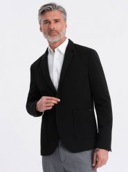 Marynarka męska z naszywanymi kieszeniami - czarna V5 OM-BLZB-0127 - L. Czarne garnitury męskie Ombre Clothing, l, bez wzorów, z materiału, eleganckie. W wyprzedaży za 229.99 zł.