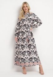 Beżowo-Czarna Sukienka o Pudełkowym Fasonie z Satyny w Ornamentalny Print Alerosa. Brązowe sukienki damskie Born2be, na co dzień, l, bez wzorów, z satyny, eleganckie, bez kołnierzyka, bez ramiączek, maxi. Za 79.99 zł.
