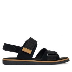 Sandały Timberland. Czarne sandały damskie Timberland, bez wzorów, bez obcasa, na płaskiej podeszwie, bez zapięcia. Za 289.99 zł.