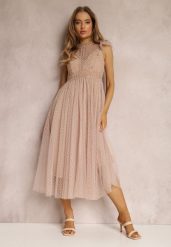 Beżowa Sukienka Canissa. Brązowe sukienki damskie Renee, na imprezę, m, bez wzorów, z koronki, eleganckie, bez kołnierzyka, bez ramiączek, midi, kopertowe. Za 199.99 zł.