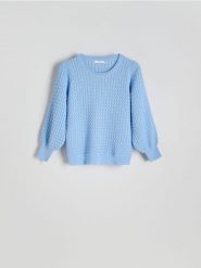 Strukturalny sweter z wiskozą - jasnoniebieski. Niebieskie swetry nierozpinane damskie Reserved, l, bez wzorów, z dzianiny, bez kołnierzyka, bez ramiączek. W wyprzedaży za 79.99 zł.
