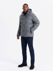 Casualowa kurtka męska puffer z wełną – szary melanż V1 - Rozmiar: M. Szare kurtki męskie Ombre Clothing, m, z aplikacjami, z materiału. Za 619.99 zł.