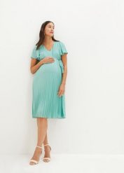 Sukienka ciążowa z delikatnej żorżety. Zielone sukienki damskie bonprix, bez wzorów, eleganckie, bez kołnierzyka, moda ciążowa, bez ramiączek. Za 269.99 zł.