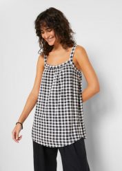 Top w fasonie o linii litery A, w kratę. Czarne topy damskie bonprix, bez wzorów, bez kołnierzyka, bez ramiączek. Za 59.99 zł.