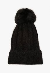 Czarna Czapka z Prążkowanego Materiału z Pomponem Vamieska. Czarne czapki damskie Born2be, na zimę, bez wzorów, prążkowane, eleganckie. Za 29.99 zł.