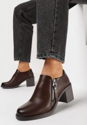 Ciemnobrązowe Półbuty z Ozdobnym Suwakiem na Niskim Słupku Eberpia. Brązowe półbuty damskie Born2be, bez wzorów, biznesowe, bez obcasa, na słupku, bez zapięcia. Za 139.99 zł.