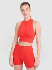4F Crop-top treningowy slim bezszwowy damski - czerwony M/L. Czerwone koszulki sportowe damskie 4F, l, bez wzorów, z dzianiny, bez ramiączek, do biegania. W wyprzedaży za 59.99 zł.