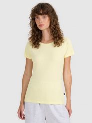 4F T-shirt regular z prążkowanej dzianiny damski - żółty XS. Żółte t-shirty damskie 4F, xs, bez wzorów, z bawełny, klasyczne, bez kołnierzyka, bez ramiączek. Za 49.99 zł.