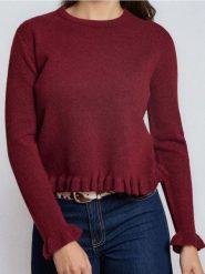 Sweter z ozdobnymi falbanami z domieszką wełny - różowy. Czerwone swetry nierozpinane damskie Sinsay, l, bez wzorów, z wełny, bez kołnierzyka, bez ramiączek. Za 59.99 zł.