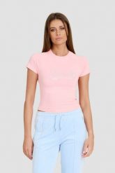 JUICY COUTURE Różowy t-shirt Retroshrunken Tee. Czerwone t-shirty damskie Juicy Couture, s, bez wzorów, bez kołnierzyka, bez ramiączek. W wyprzedaży za 128.99 zł.
