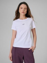 4F T-shirt slim gładki damski - biały S. Białe koszulki sportowe damskie 4F, s, bez wzorów, z materiału, bez ramiączek, na fitness i siłownię. Za 49.99 zł.