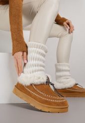 Brązowe Śniegowce na Grubej Podeszwie z Futerkiem i Przeszciami Linafra. Brązowe śniegowce damskie Born2be, z jeansu, bez zapięcia. Za 99.99 zł.