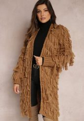 Brązowy Niezapinany Kardigan w Ozdobne Frędzle Massawa. Brązowe kardigany damskie Renee, bez wzorów, eleganckie, bez kołnierzyka. Za 169.99 zł.