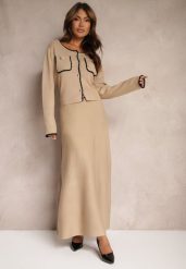 Beżowy Wiskozowy Komplet Rozkloszowana Spódnica z Gumką w Pasie i Rozpinany Kardigan Veriiana. Brązowe kardigany damskie Renee, m, z aplikacjami, z wiskozy, eleganckie, bez kołnierzyka. Za 249.99 zł.