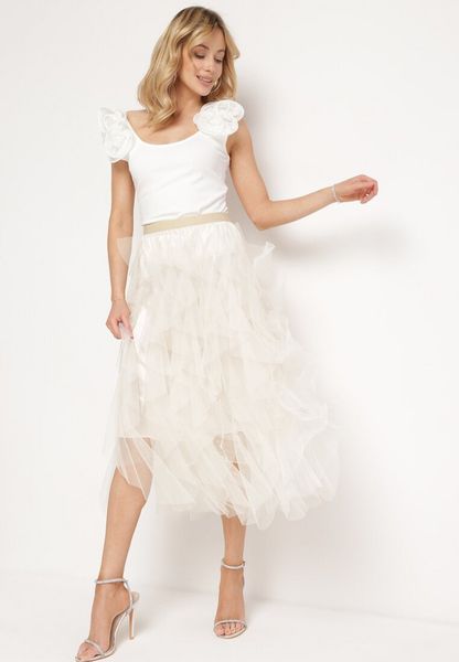 Beżowa Spódnica o Rozkloszowanym Fasonie Pokryta Tiulem Enola. Brązowe spódnice damskie Born2be, na co dzień, bez wzorów, z tiulu, eleganckie, midi, proste. Za 79.99 zł.