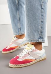 Biało-Czerwone Sneakersy Typu Kultowe Tenisówki Zdobione Przeszyciami Grelloti. Białe trampki i tenisówki damskie Renee, z aplikacjami, z jeansu, bez zapięcia. Za 74.99 zł.