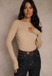 Beżowy Sweter z Wiskozą Ozdobiony Metaliczną Nitką Liatolla. Brązowe swetry nierozpinane damskie Renee, s, bez wzorów, z jeansu, casualowe, bez kołnierzyka, bez ramiączek. Za 79.99 zł.