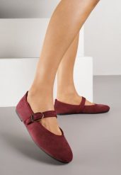 Bordowe Balerinki Mary Jane z Klamrą Zaurg. Czerwone balerinki damskie Renee, bez wzorów, z jeansu, eleganckie, bez obcasa, bez zapięcia. Za 59.99 zł.