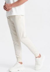 Ombre Bawełniane męskie dresowe spodnie joggery BASIC kremowe V5 OM-PABS-0174 XXL. Białe spodnie sportowe męskie Ombre, m, bez wzorów, z bawełny. Za 129.99 zł.