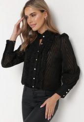 Czarna Koszula z Ozdobną Stójką i Falbankami Nalania. Czarne koszule damskie Born2be, m, bez wzorów, eleganckie, bez kołnierzyka, bez ramiączek. Za 69.99 zł.